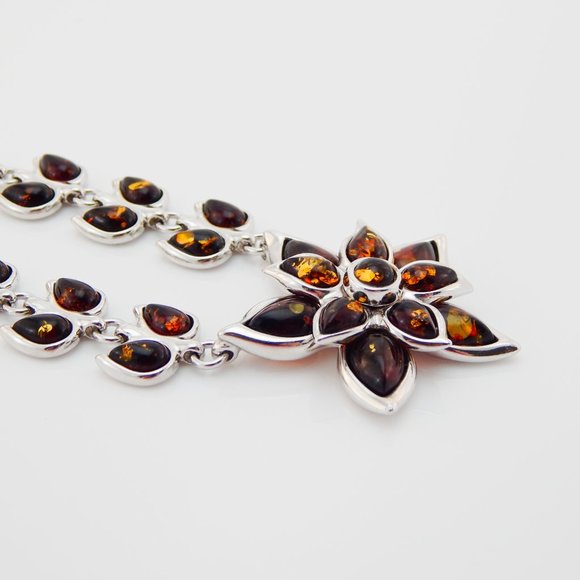 Natural Baltic Amber Floral Statement Necklace in 925 S. Silver - Picture 5 of 8